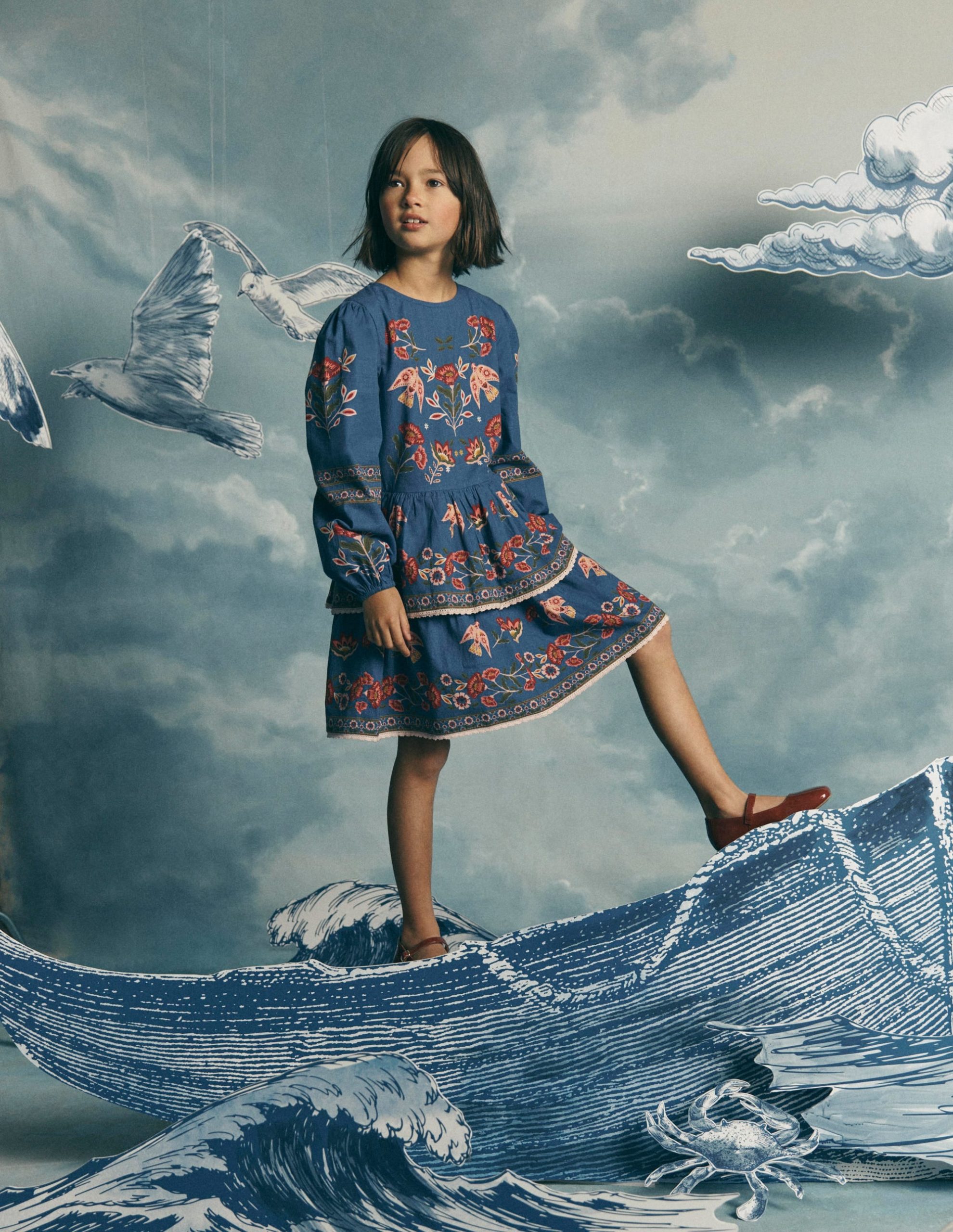 Printed Tiered Woven Dress-Blue Birds Placement