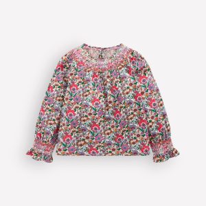 Smocked Printed Blouse-Soft Cream Floral Field