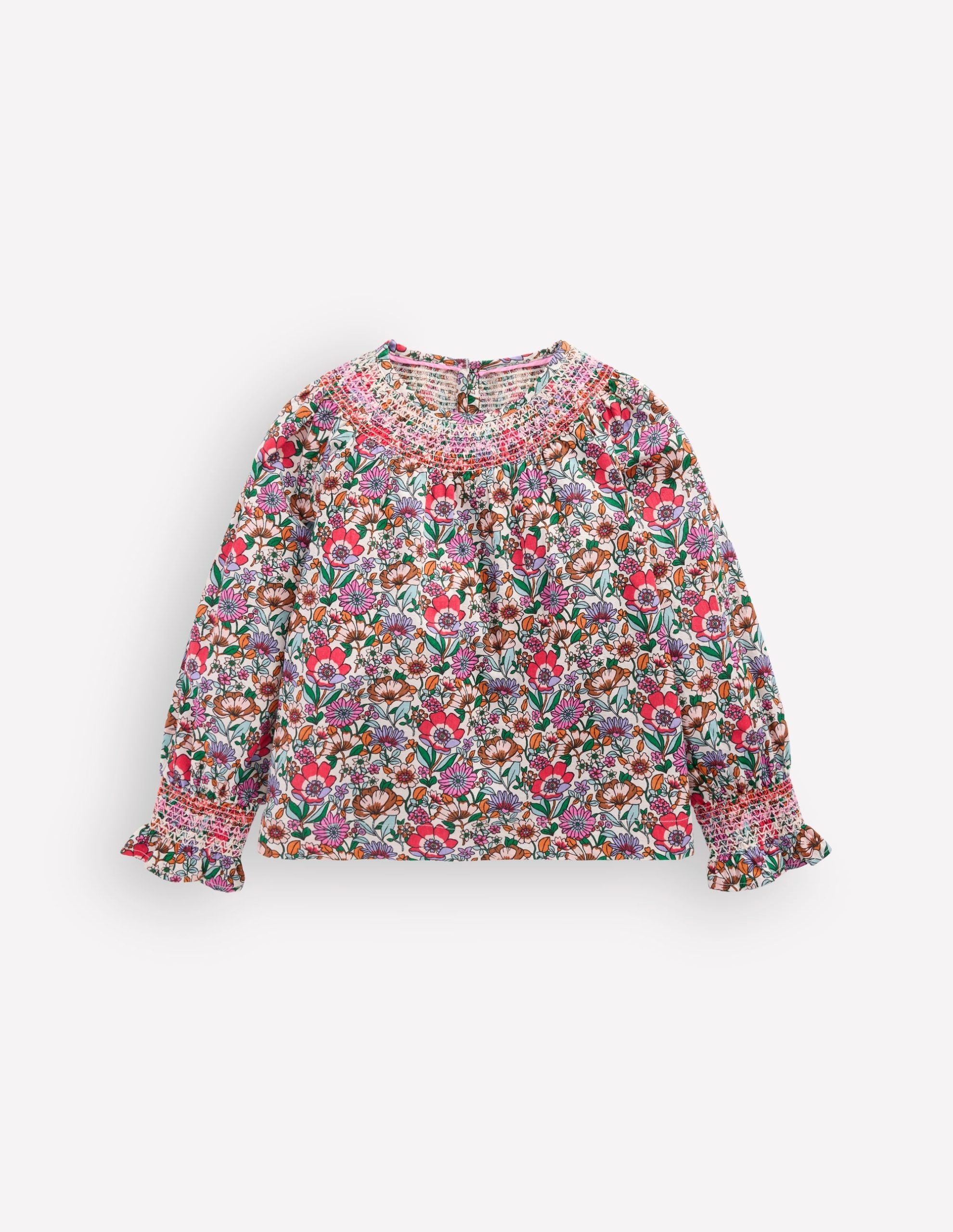 Smocked Printed Blouse-Soft Cream Floral Field