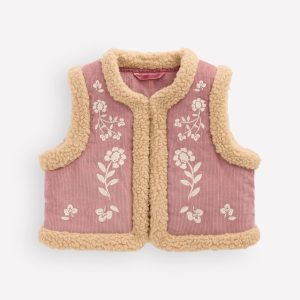 Borg Trim Vest-Pink Floral Embroidery