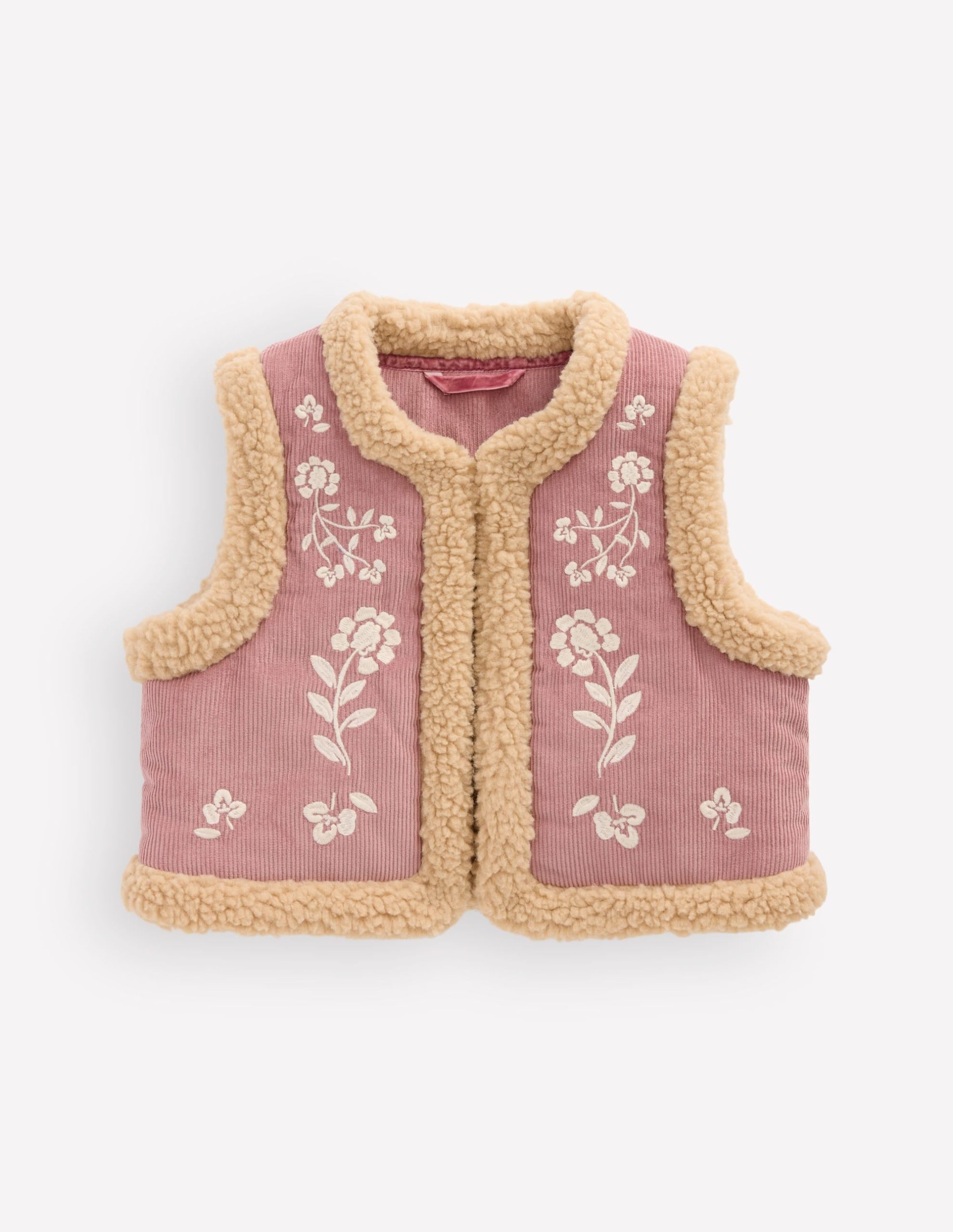Borg Trim Vest-Pink Floral Embroidery