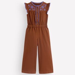 Flutter Sleeve Denim Jumpsuit-Brown Embroidery