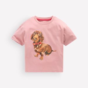 Short Sleeve Printed T-shirt-Pink Sausage Dog
