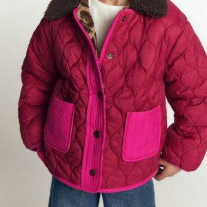 Reversible Borg Quilted Jacket-Leopard Multi