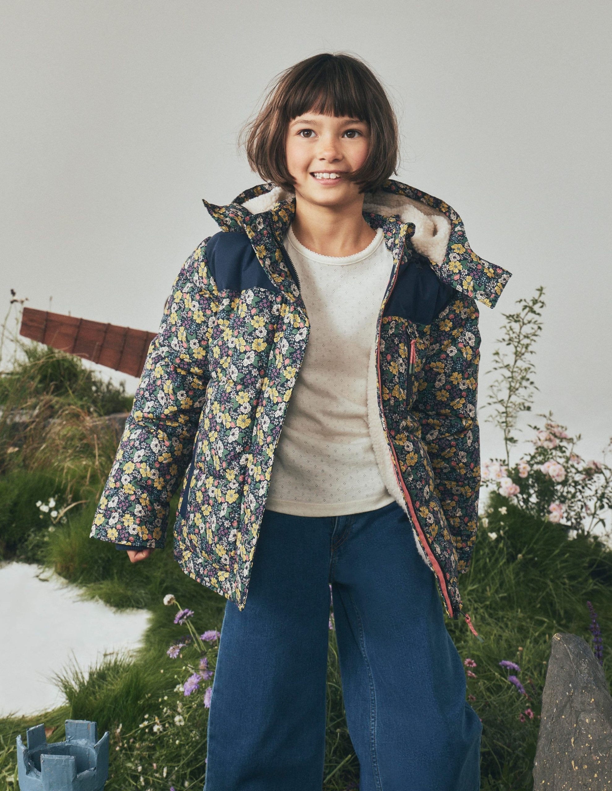 Borg Lined Puffer Coat-French Navy Mixed Flowerbed - Image 9