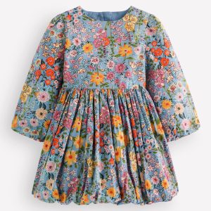 Long Sleeve Bubble Hem Dress-Blue Multi Floral