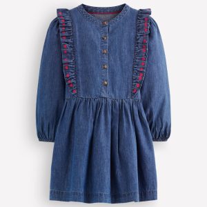 Winnie Frill Trim Shirt Dress-Denim Heart Embroidery