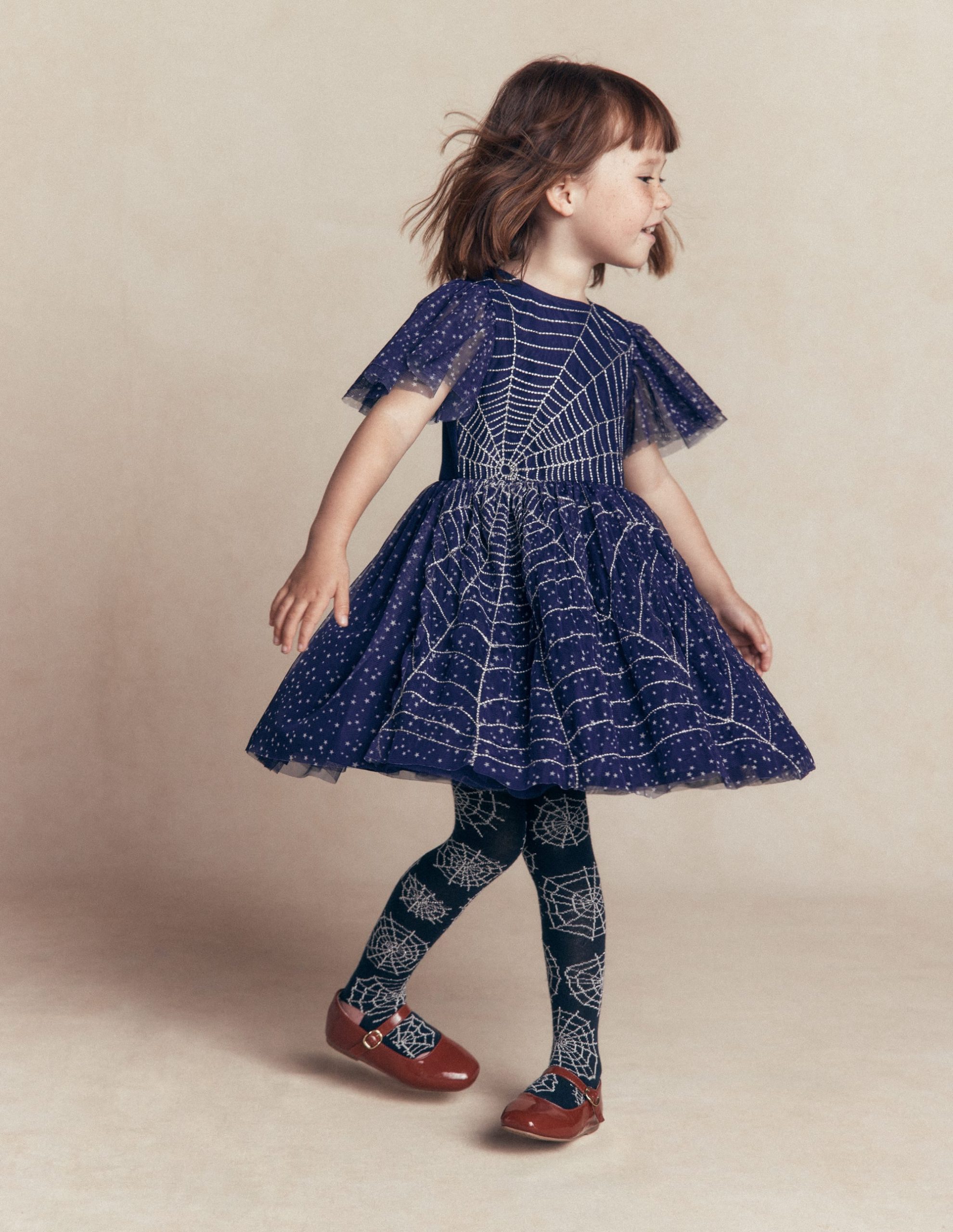 Appliqué Tulle Dress-College Navy Spiders Web