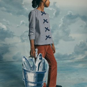Rib Bow Trim Top-Navy Stripe