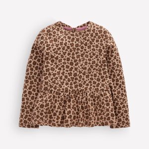 Long Sleeve Peplum Top-Brown Leopard