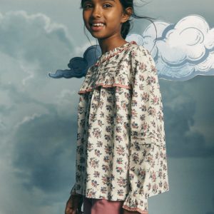 Frill Button Through Woven Top-Soft Cream Floral Trellis