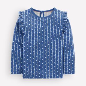 Frill Sleeve Slub Top-Blue Linear Hearts