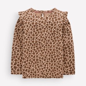 Frill Sleeve Slub Top-Milk Chocolate Brown Leopard