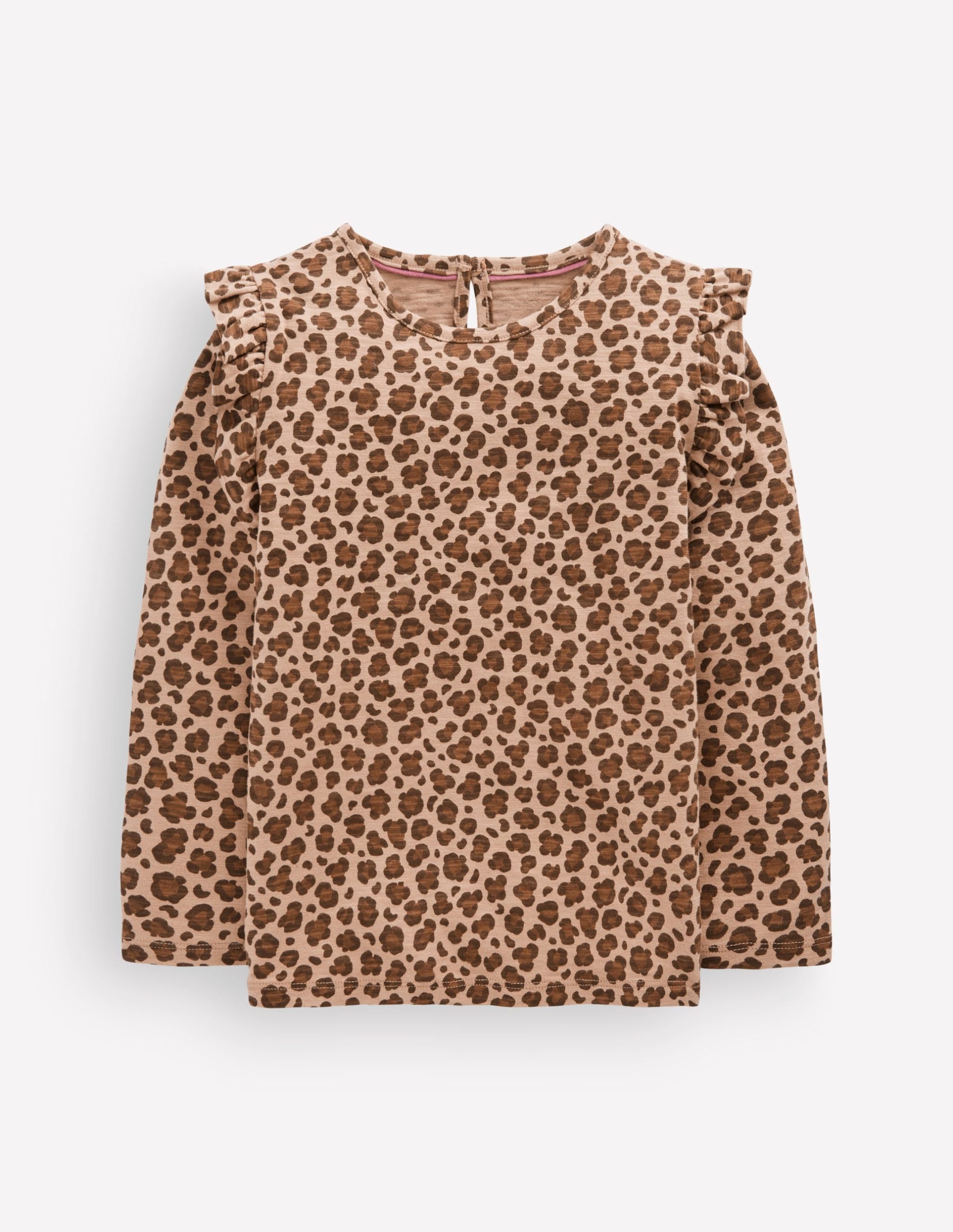 Frill Sleeve Slub Top-Milk Chocolate Brown Leopard