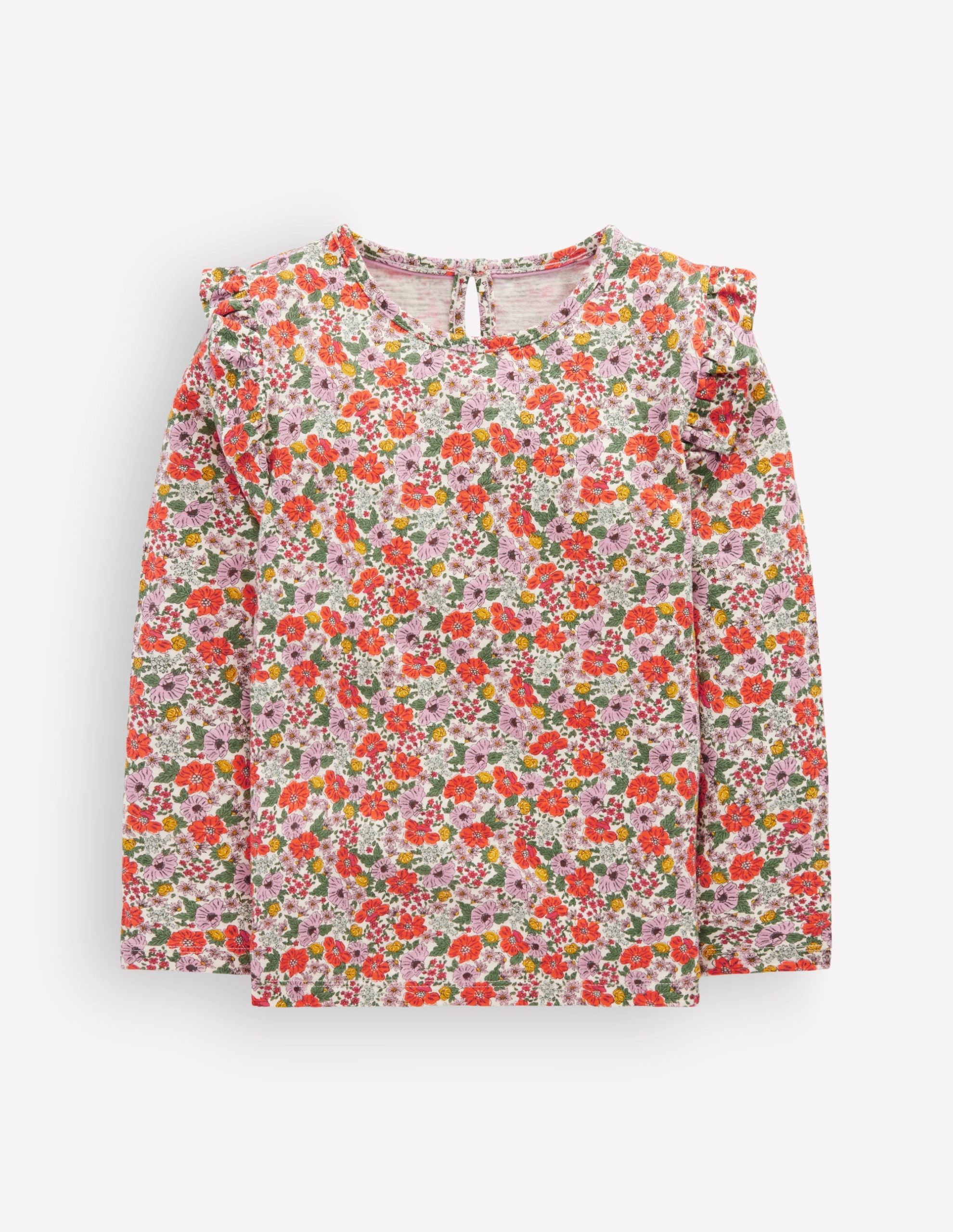 Frill Sleeve Slub Top-Soft Cream Garden Flowerbed