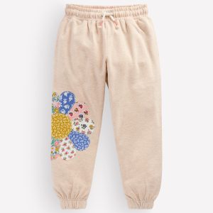 Appliqué Cuffed Joggers-Oatmeal Patchwork Flower