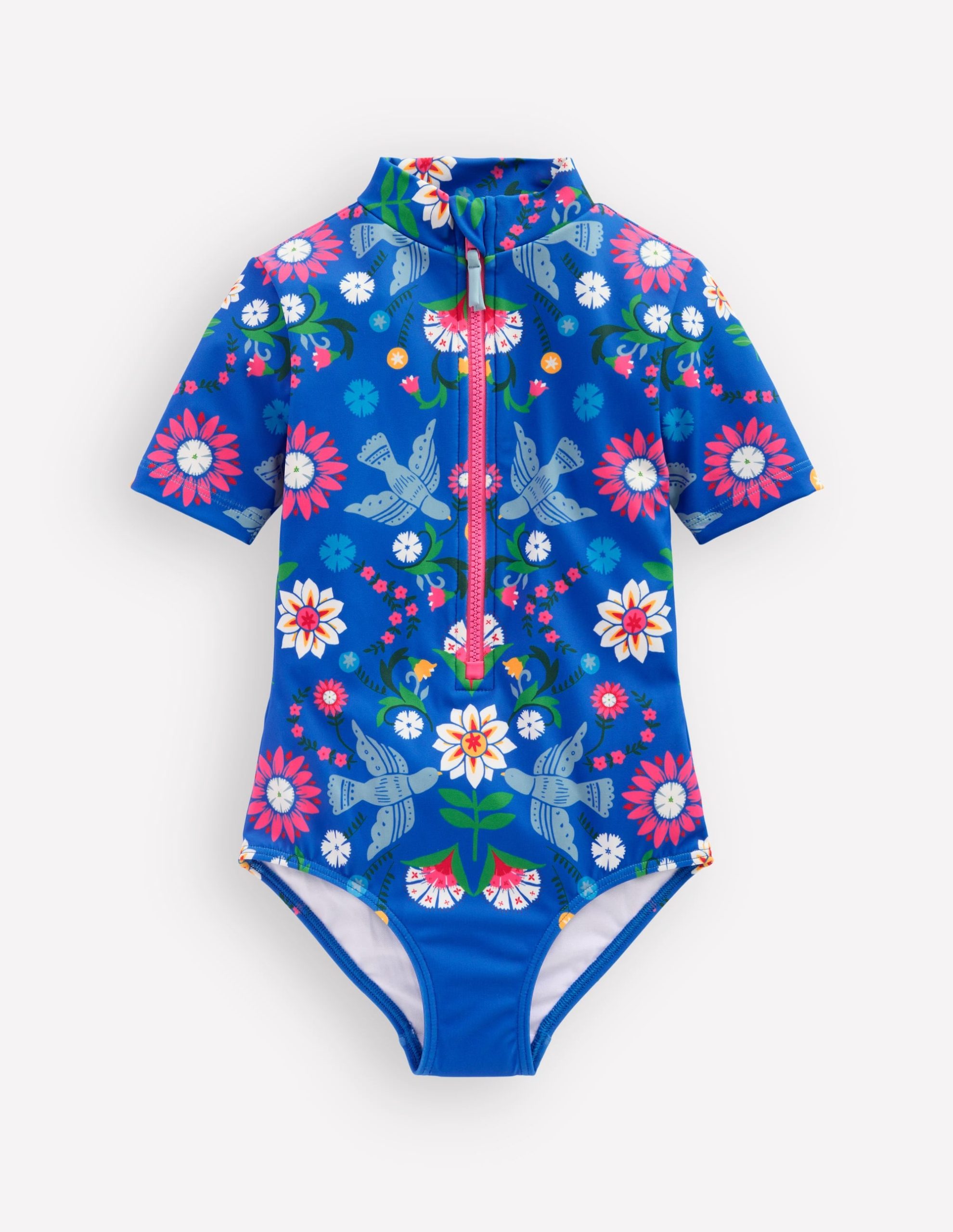 Short-sleeved Swimsuit-Kingfisher Blue Bird Floral
