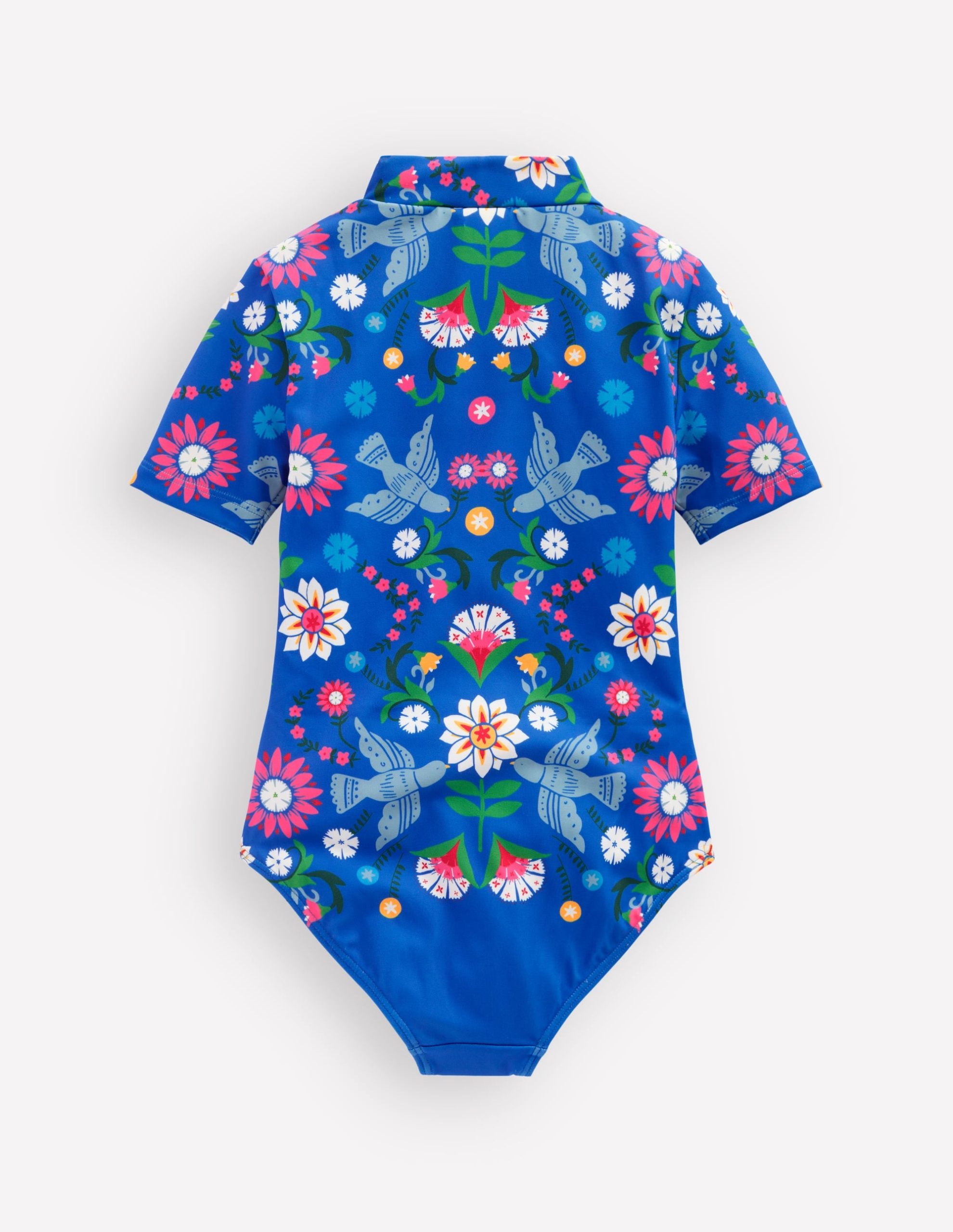 Short-sleeved Swimsuit-Kingfisher Blue Bird Floral - Image 2