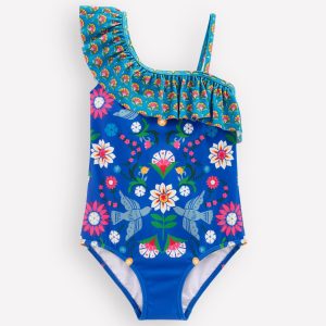 Lila One Shoulder Swimsuit-Kingfisher Blue Bird Floral