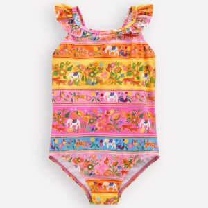 Hallie Frill Strap Swimsuit-Multi Tropical Animals Stripe