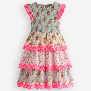 Tiered Lace Trim Dress-Festival Pink Ditsy Rose