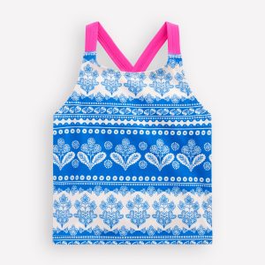 Cross-Back Tankini Top-Azure Blue Woodblock