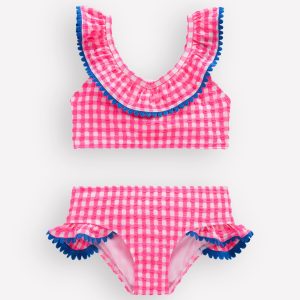 Frill V-neck Bikini Set-Neon Pink Gingham
