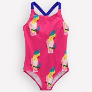 Cross-Back Printed Swimsuit-Pink Tropical Bird