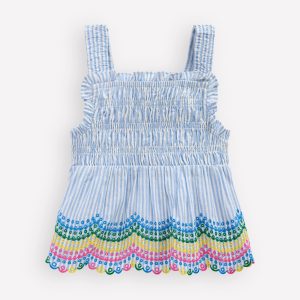 Embroidered Shirred Top-Ticking Rainbows