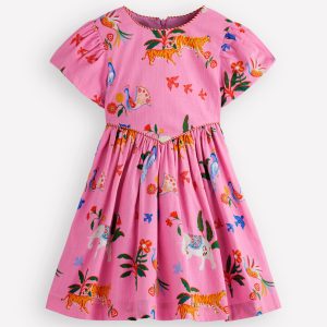 V-waist Woven Dress-Formica Pink Tropical Animals