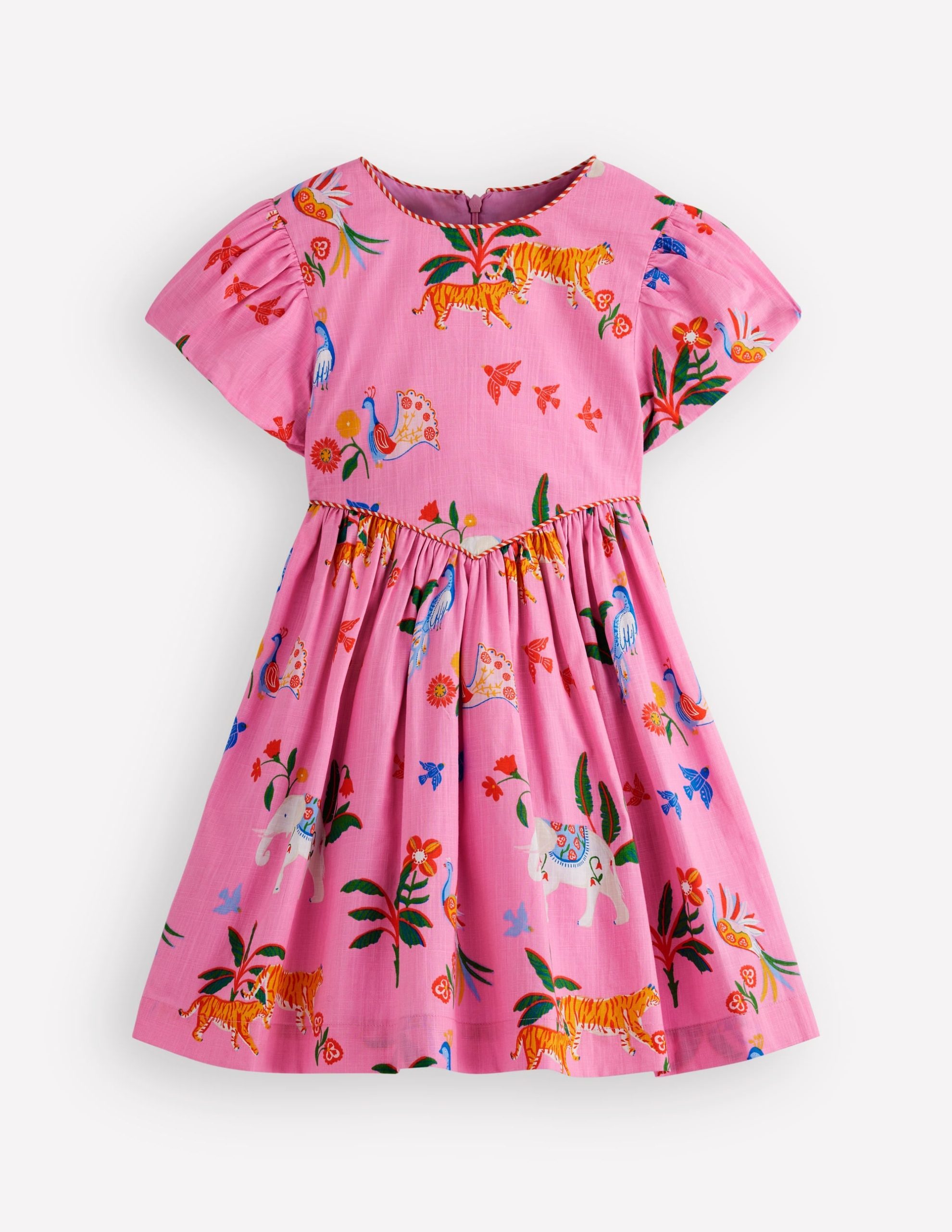 V-waist Woven Dress-Formica Pink Tropical Animals
