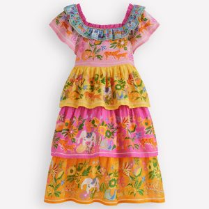 Tiered Ruffle Woven Dress-Sunflower Yellow Jungle Animal