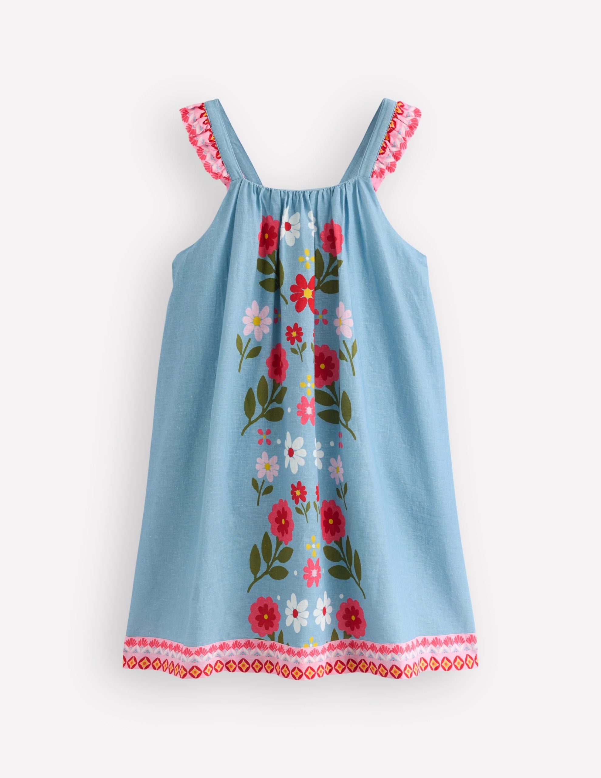 Ruffle Strap Sundress-Vintage Blue Floral Placement