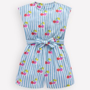 Tie Waist Woven Playsuit-Blue Cherry Stripe