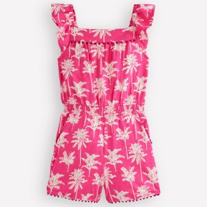 Ciara Pom Trim Jersey Romper-Pink Palm Trees