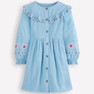 Button Through Blouson Dress-Glacier Blue