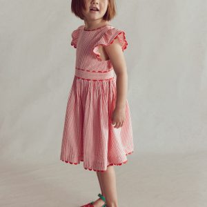 Ric Rac Trim Flutter Dress-Red Stripe