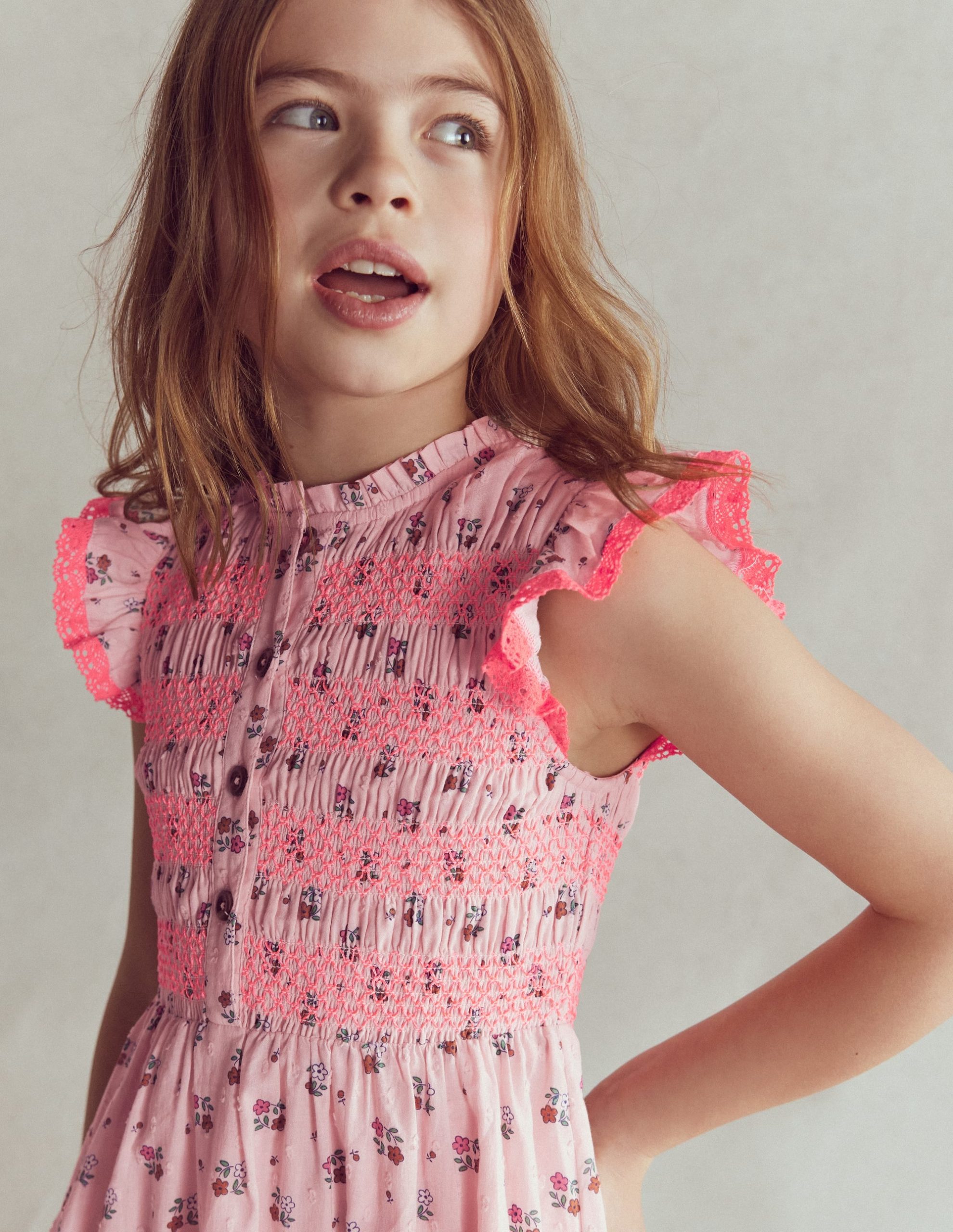 Shirred Bodice Midi Dress-Chalk Pink Daisy Chain - Image 2