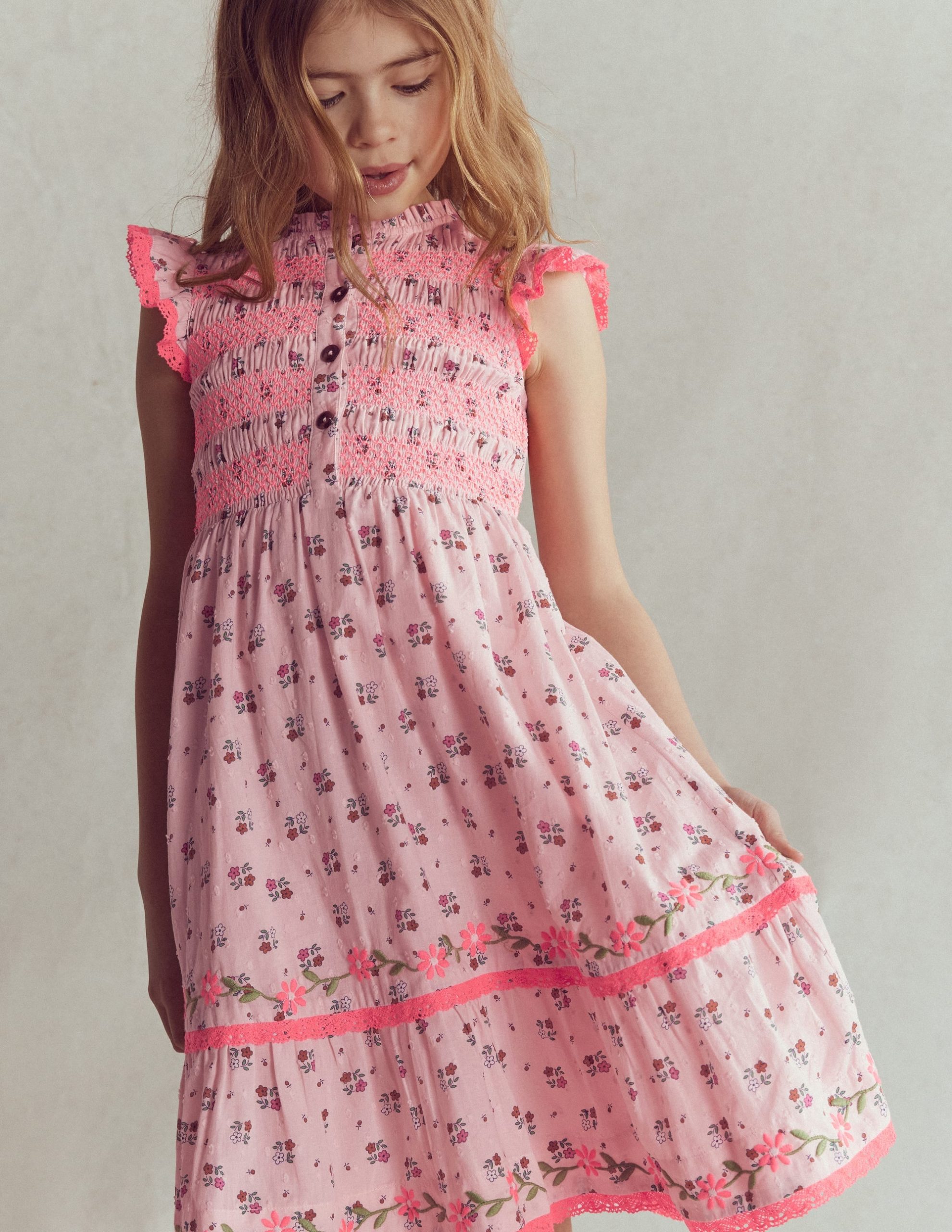 Shirred Bodice Midi Dress-Chalk Pink Daisy Chain - Image 3