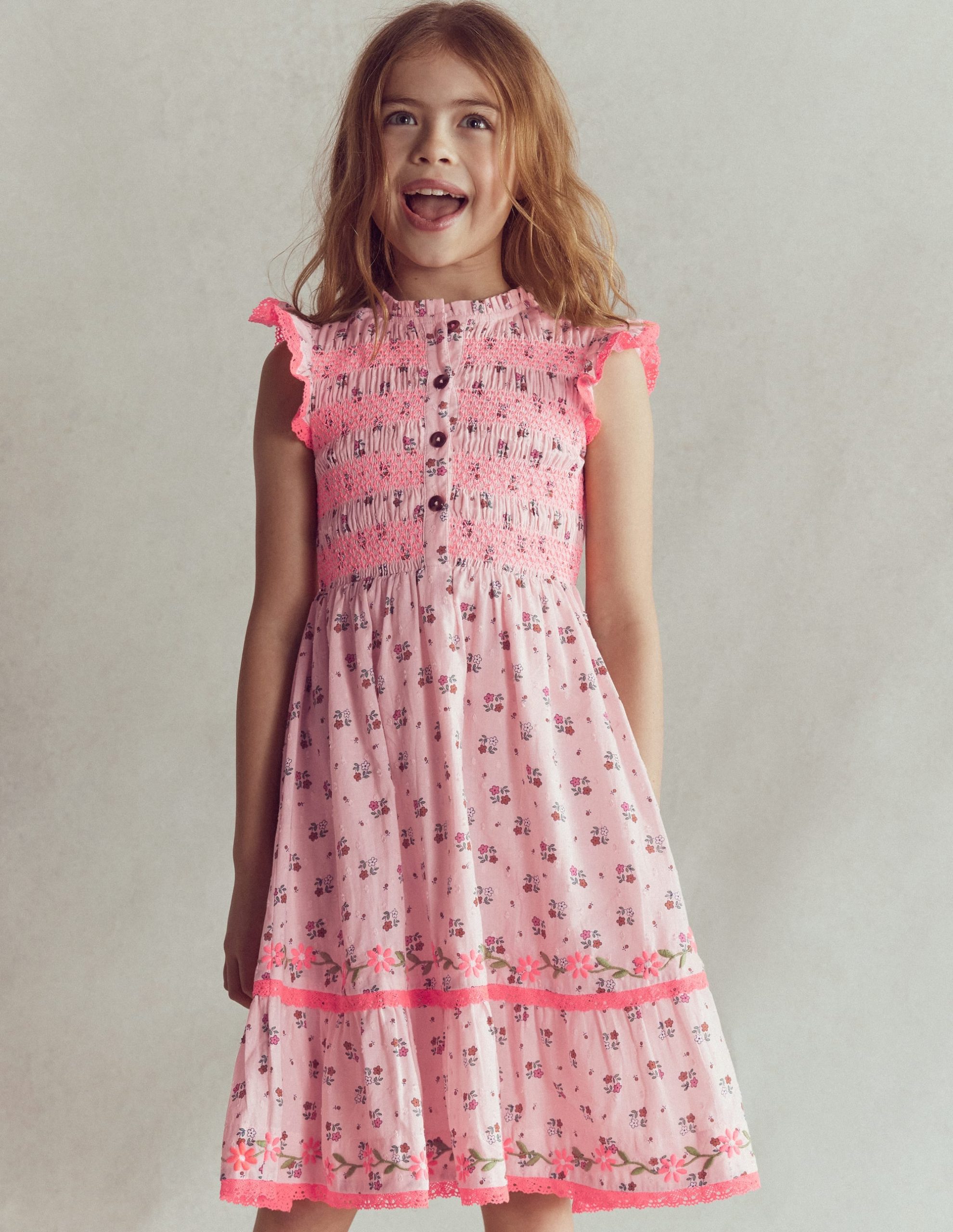 Shirred Bodice Midi Dress-Chalk Pink Daisy Chain - Image 4
