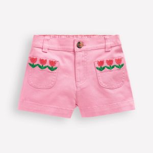Patch Pocket Shorts-Pink Embroidered Denim