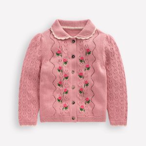Collared Pointelle Cardigan-Vintage Pink