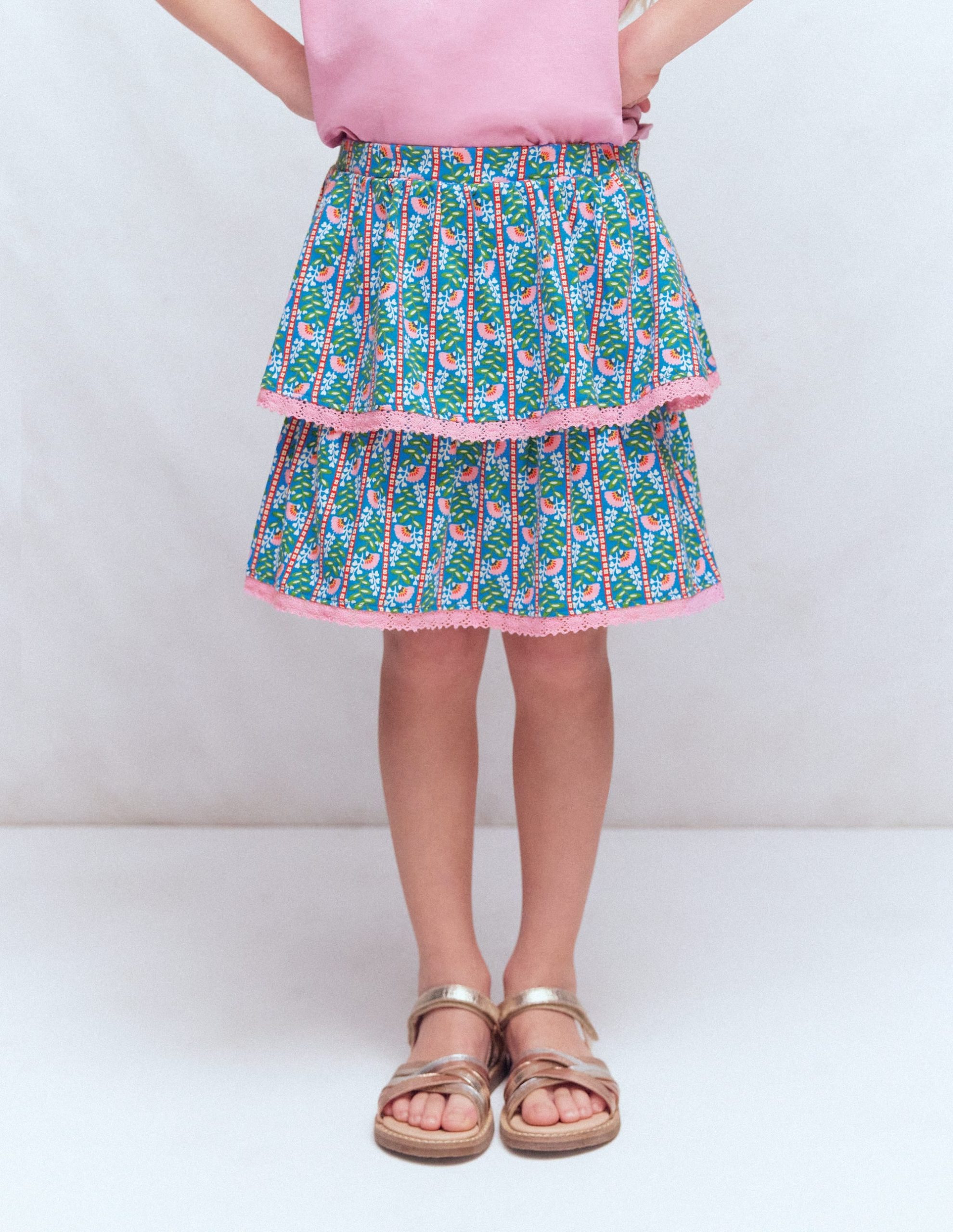 Ruffle Jersey Skort-Kingfisher Blue Floral Vine