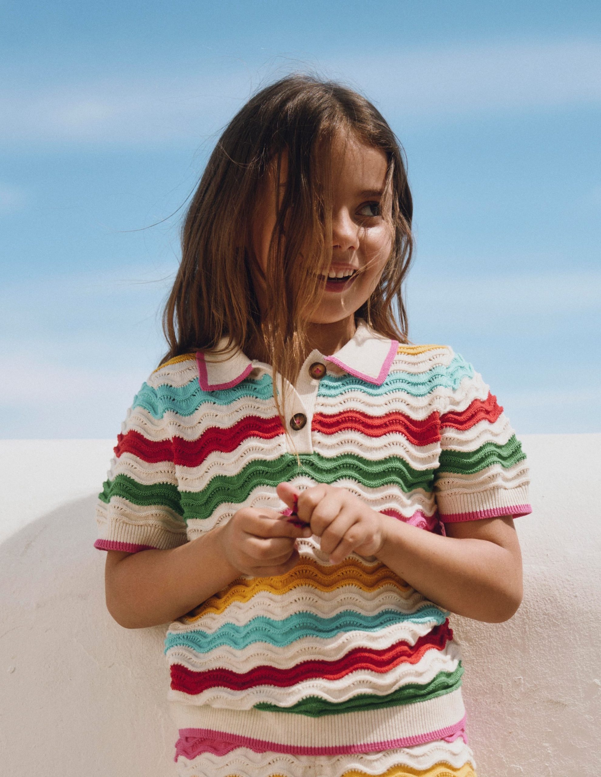 Pointelle Knitted Polo Top-Ecru Marl Multi Wave - Image 4