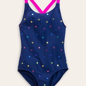Cross-Back Printed Swimsuit-Rainbow Foil Confetti Spot
