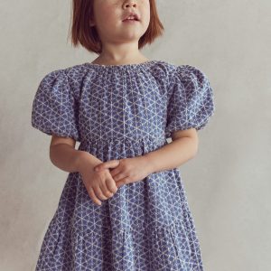 Puff Sleeve Cross Back Dress-Chambray Broderie
