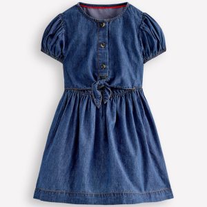 Tie Front Woven Dress-Denim