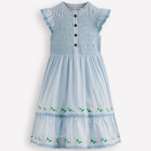 Shirred Bodice Midi Dress-Misty Blue