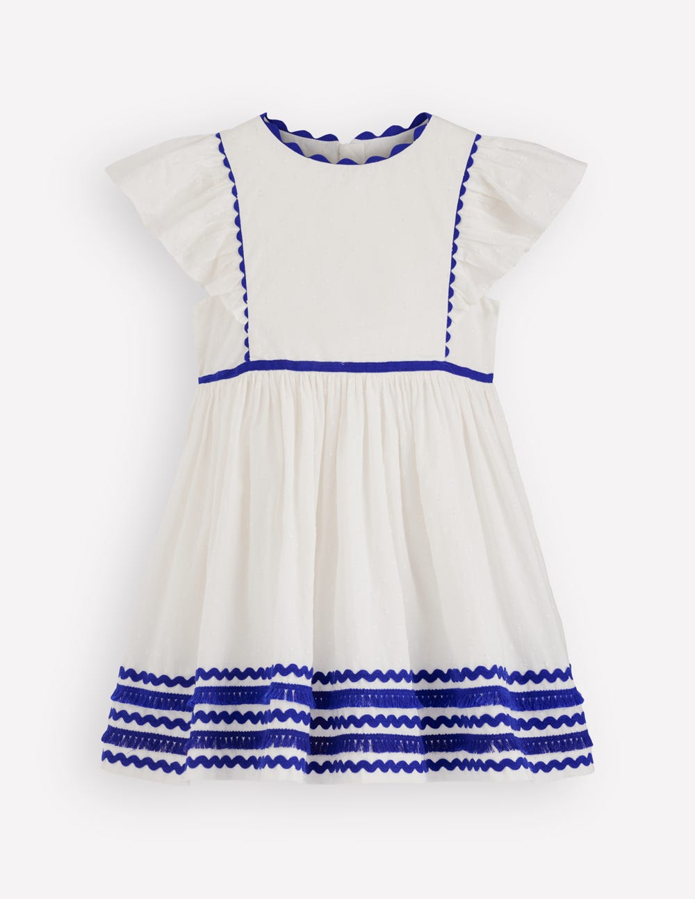 Flutter Sleeve Ric Rac Dress-Soft Ivory/ Bright Blue