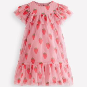 Printed Tulle Dress-Vintage Pink Strawberry Stamp